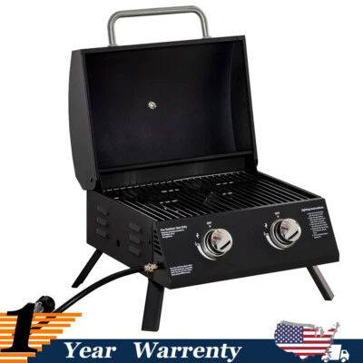 Parrilla de gas propano de 2 quemadores para exteriores portátil barbacoa de mesa con termómetro de tapa Foto 1 de 4