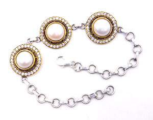 18.7 Gm 925 Sterling Silver Pearl & C.Z. Gemstone Two Tone Bracelet Size 8.5"
