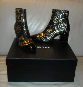 NWB Women Chanel Printed Patent Calfskin Leathe Short Boots Size 36.5 Black/Gold - Picture 1 of 24