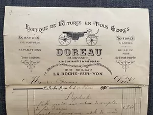 Ancienne Facture Fabrique de Voitures Doreau Carrossier La Roche Sur Yon Vendée - Foto 1 di 2