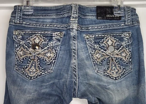 Grace In LA Blue Jeans Women’s 28 Bootcut Thick Stitch Embroidered Flip (29x33) - Picture 1 of 12