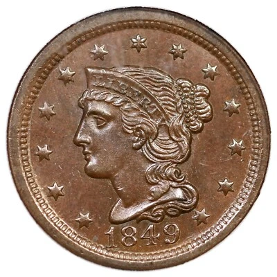 1849 N-20 NGC MS 64 BN Braided Hair Large Cent Coin 1c - Image 1 of 3