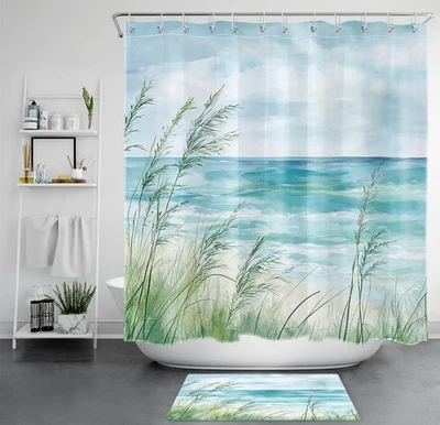 Watercolor Coastal Scenery Blue Ocean Shower Curtain Bathroom Accessories Set - Image 1 of 4