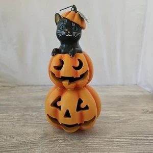 Table Top Halloween Decor, Two Pumpkins and a Black Cat Stacked 9" x 4.5" - Picture 1 of 12