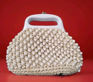 Unusual Vintage Purse/Handbag with Beads Woven In Wicker, With Bakelite Handle - Picture 1 of 15