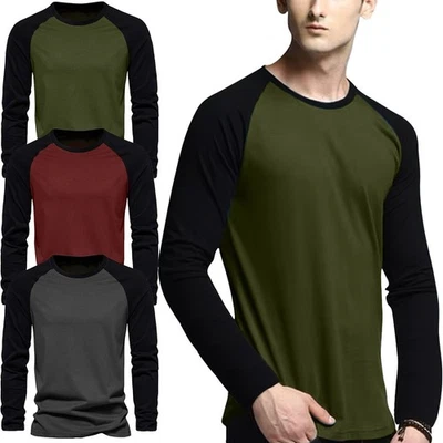 Mens Long Sleeve Raglan T-Shirt Baseball Team Teen Tee Fashion Crew Neck S-2X - Image 1 of 4