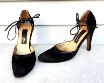 Vintage 100% All Leather & Suede Black Pumps Ankle tie sz 7.5 Italy 1982 - Image 1 of 4