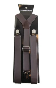 Boys Adjustable Faux Leather Thick Dark Brown Suspenders - Picture 1 of 2