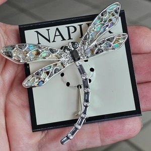 Napier Dragonfly Smoky Rhinestone Faux Abalone Brooch Pin Signed NEW - Picture 1 of 4