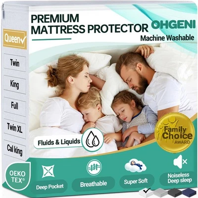 OHGENI 100% Waterproof Mattress Protector Queen Size Fitted Sheet with Deep Pockets