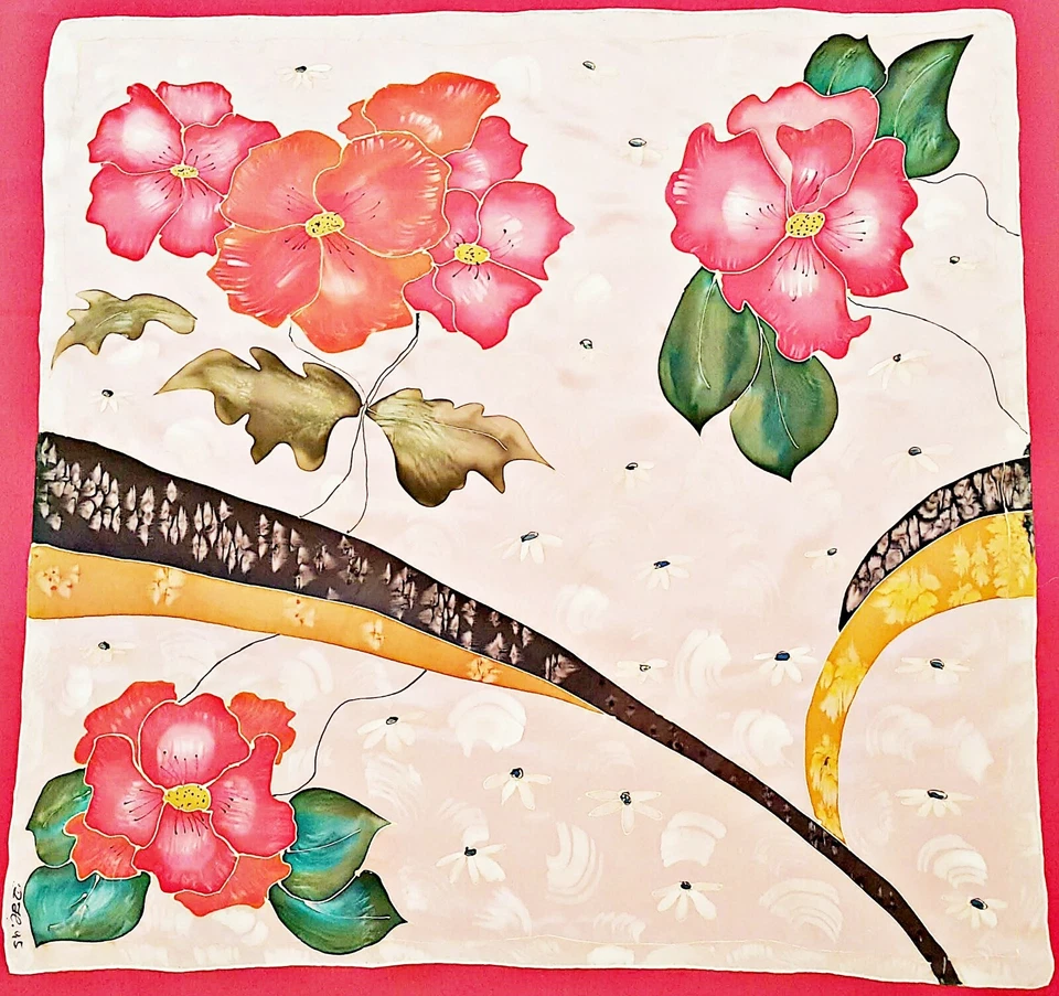 LENÇO VINTAGE PINTADO À MÃO ASSINADO ARTE FLORAL PAPOULAS SEDA BRANCA 35" QUADRADO - Imagem 1 de 4