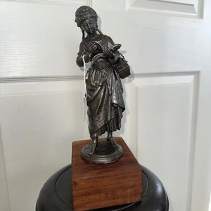 Vtg Metal Girl Reading Book Holding Basket Sculpture Figurine On Base Art Decor - Picture 1 of 18