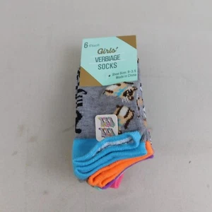 6 Pair Girl's Verbiage Socks Shoe Size 9-3.5, Cats Dogs Unicorns & Pandas #950 - Picture 1 of 6