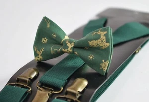 Xmas Christmas Elk Deer Green Gold Bow tie bowtie and Elasitc Suspenders - Picture 1 of 22
