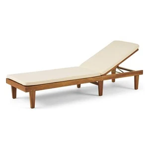 GDFStudio Outdoor Acacia Wood Chaise Lounge and Cushion Set and Cream - Picture 1 of 5