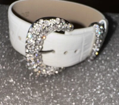 White Croc Genuine Leather Rhinestone Pave Western Cuff Bracelet Bling 9+ inch - Image 1 of 4
