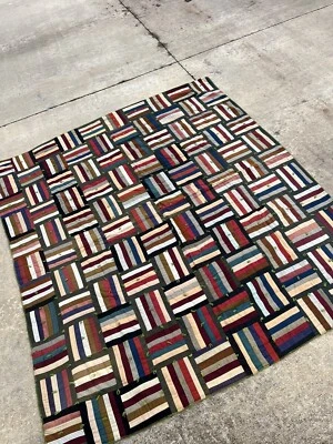 Винтаж 60-е 70-е (?) Лоскутная корзина плетение одеяло прибл. джинсовая ткань 75 x 83 дюйма - Изображение 1 из 4