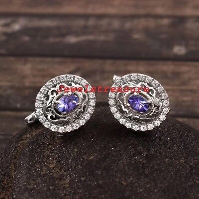 Natural Tanzanite & CZ Gemstones With 925 Sterling Silver Cufflinks For Men #J59 - Image 1 of 4