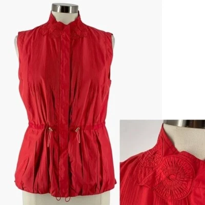 Elie Tahari Rosette Trim Full Zip Red Vest Adjustable Waist Zip Pockets Medium - Image 1 of 4