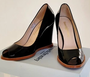 RUSSELL &BROMLEY black patent peep wedges UK5 £225 - Picture 1 of 13