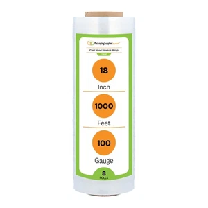18" x 1000' x 100 Cast Hand Stretch Film Gauge Clear Plastic Wrap 8 Rolls - Picture 1 of 8