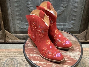 Womens Dingo Red Suede Sugar Bug Western Cowgirl Short Boots Floral Embroidered - Picture 1 of 10