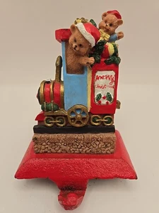 Vintage Cast Iron Christmas Teddy Bear Stocking Holder Hanger Train 4" x 3.5" - Picture 1 of 7