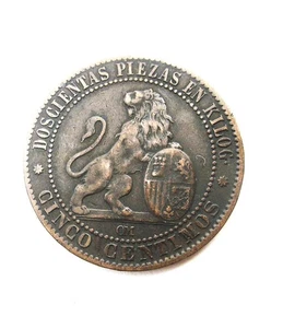 1870 Cinco Centimos Spanish Coin Provisional Government Madrid Spain 2.5cms - Picture 1 of 4
