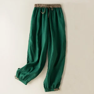Ladies Cotton Linen Harem Pants Drawstring Casual Cropped Tapered Trousers Retro - Picture 1 of 12