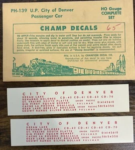 Vintage Champ Decals #PH-139 U.P. City Of Denver Passenger Car HO Set - Picture 1 of 1