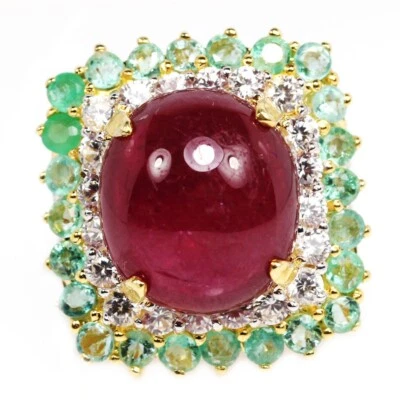 925 Sterling Silver  Red Ruby 15x13mm., Green Emerald & White CZ Ring Size 7.5 - Image 1 of 4