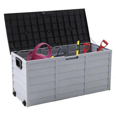 Wood Effect Outdoor Garden Tool Storage Box Patio Plastic Chest Container w/Lid - Image 1 of 4