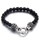 8.26'' Stainless steel 8MM Black Stone Bracelet with Double Skull Clasp Punk Men
