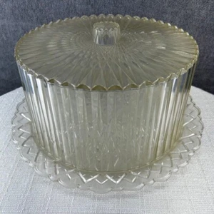 Vintage MCM Acrylic Cake Plate Covered Carrier Clear Faceted - Picture 1 of 14