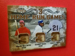 TARJETA DE MURCIÉLAGO MARK MCGWIRE SAMMY SOSA KEN CAMITI 3 juegos usada #d5/20 LEAF LUMBER - Imagen 1 de 2