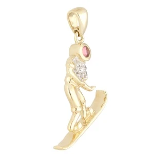 9Carat Yellow Gold Ruby & Simulated Diamond Snowboarder Pendant (22x18mm) - Picture 1 of 2