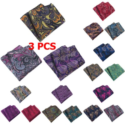 3 PCS Men Flower Paisley Floral Check Stripe Pocket Square Hanky Handkerchief - Image 1 of 3