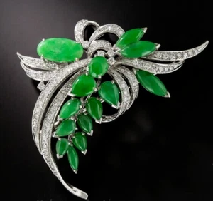 10Ct Pear Cut Antique Vintage Brooch Pin Natural Green Jade Silver925 - Picture 1 of 3