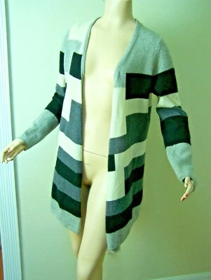 SUÉTER DE CACHEMIR SOLO MINE COLOR BLOCK NEGRO BLANCO GRIS LARGO FRENTE ABIERTO M ¡BONITO!  Foto 1 de 4