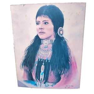 Litografía nativa americana 1991 vintage impresión artística por Milo Ty Olive niña coletas - Imagen 1 de 17