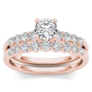 14k Rose Gold 1 Ct Diamond Solitaire Engagement Ring Size 8 Bridal Band Set - Picture 1 of 4