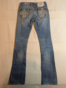 Miss Me Jeans Women’s 25 Boot Cut Fleur-De-Lis Western Cowgirl Denim Blue - Picture 1 of 11