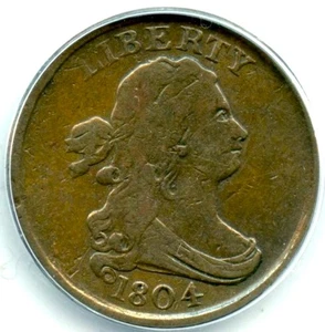 1804 C-13 Plain 4 No Stems Draped Bust Half Cent, ANACS VG 10 - Picture 1 of 3