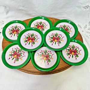 Vintage Weihnachten Metall Untersetzer 8er Set grüner Rand Zuckerstange Schleife Urlaub Getränk - Bild 1 von 2