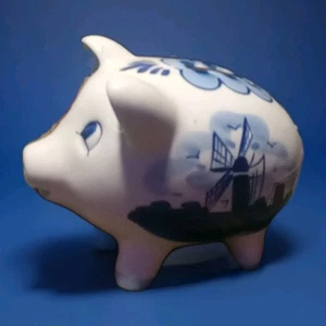 Delft Piggy Bank Blue/White Hand Painted Holland Windmill Vintage Nice Condition - Picture 1 of 6