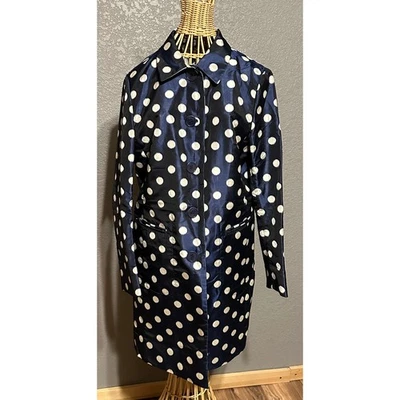 Chaqueta gabardina satinada delantera con botones a lunares blancos azul marino Anne Klein para mujer L Foto 1 de 4
