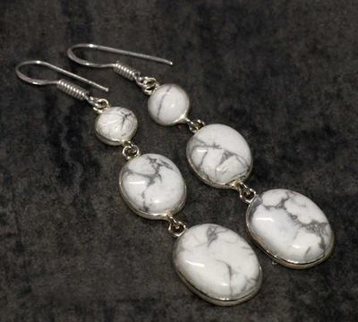 Long Howlite 925 Silver Plated Gemstone Earrings 2.6" Fast-Selling Gift JW - Image 1 of 3