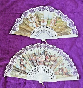 2 x Vintage Spanish Style Lace-Trimmed Folding Hand Fan - Figures on Cloth - Picture 1 of 12