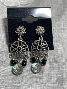 Vintage Silver Tone Abalone Dangle Bead Flower Pierced Earrings Jewelry HP-38 - Picture 1 of 5