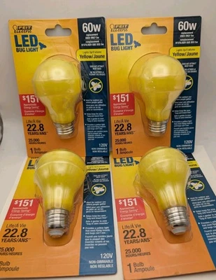 Lote de 4 luces LED para insectos 5W400L A19, de Feit Electric Co, parte no A19BUGLED, amarillo Foto 1 de 4
